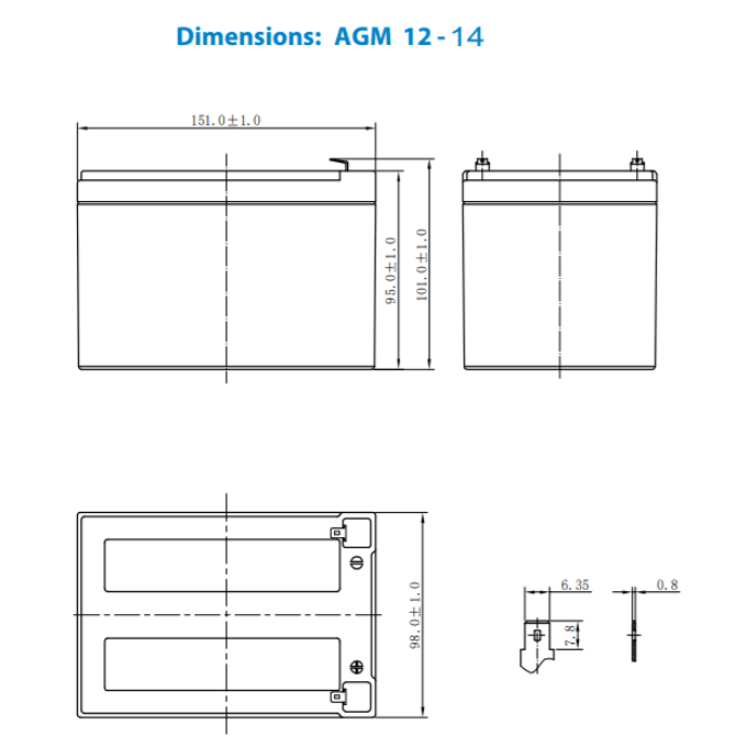 Dimensional drawing for Victron 12V 14Ah AGM battery showing case measurements in mm