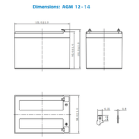 Dimensional drawing for Victron 12V 14Ah AGM battery showing case measurements in mm