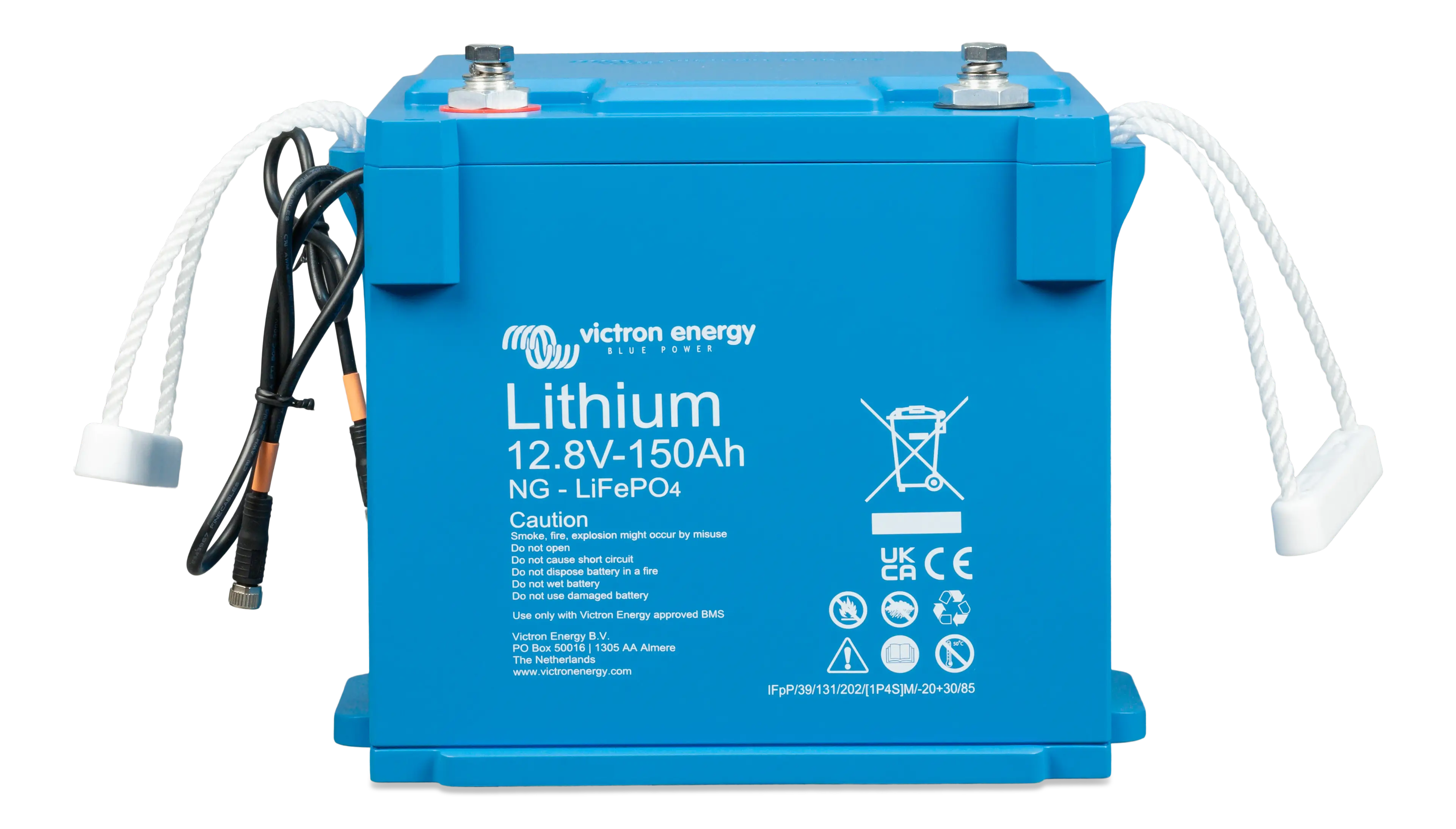 Victron 12.8V 150Ah Smart NG LiFePO4 battery front view showing BMS cables and rope handles