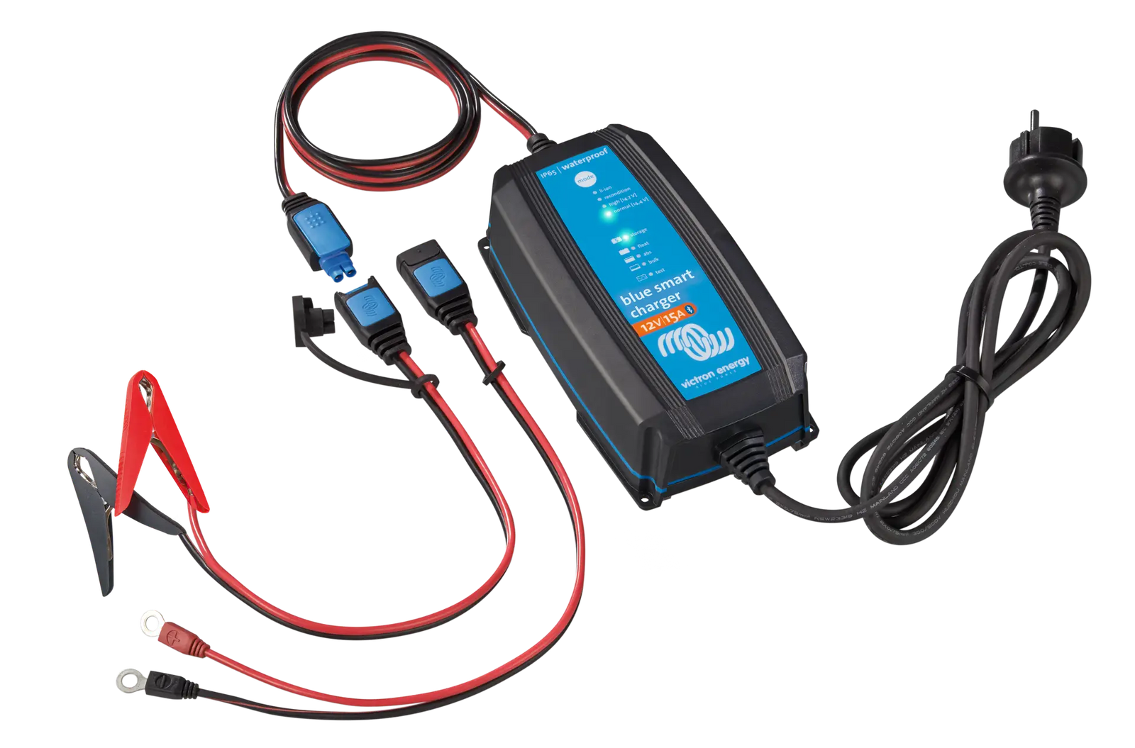 Victron 12V 15A Blue Smart IP65 battery charger with AU NZ plug, alligator clips and ring terminal leads