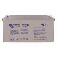 Front view of Victron 12V 165Ah AGM deep cycle battery with blue specifications and safety labels