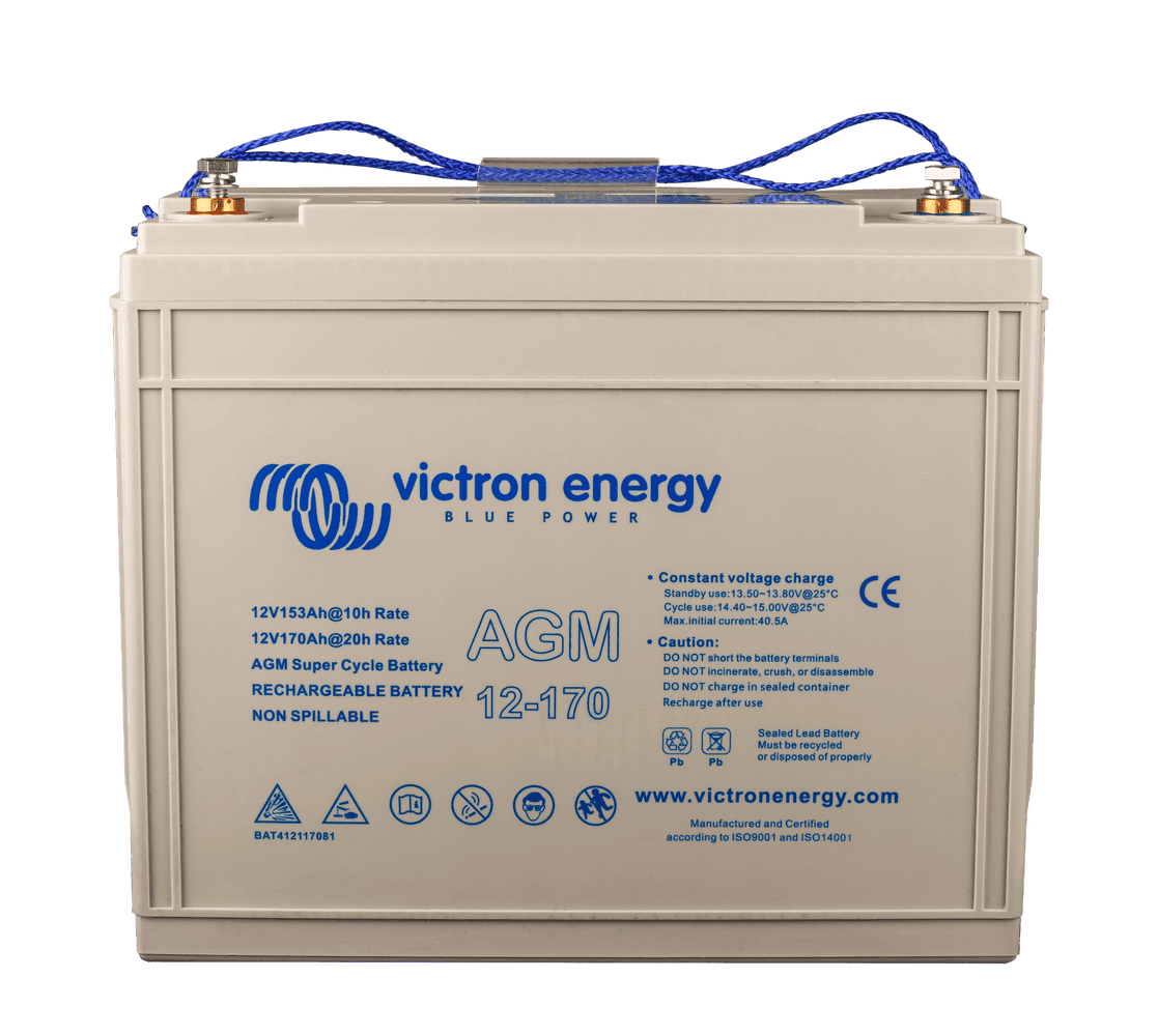 Victron 12V 170Ah AGM Super Cycle battery front view with blue rope handles