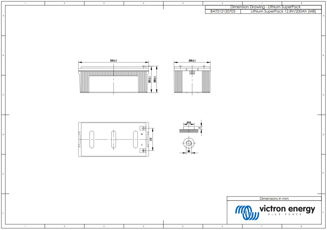Technical dimension drawing of the 200Ah battery showing 520mm length and 208mm height