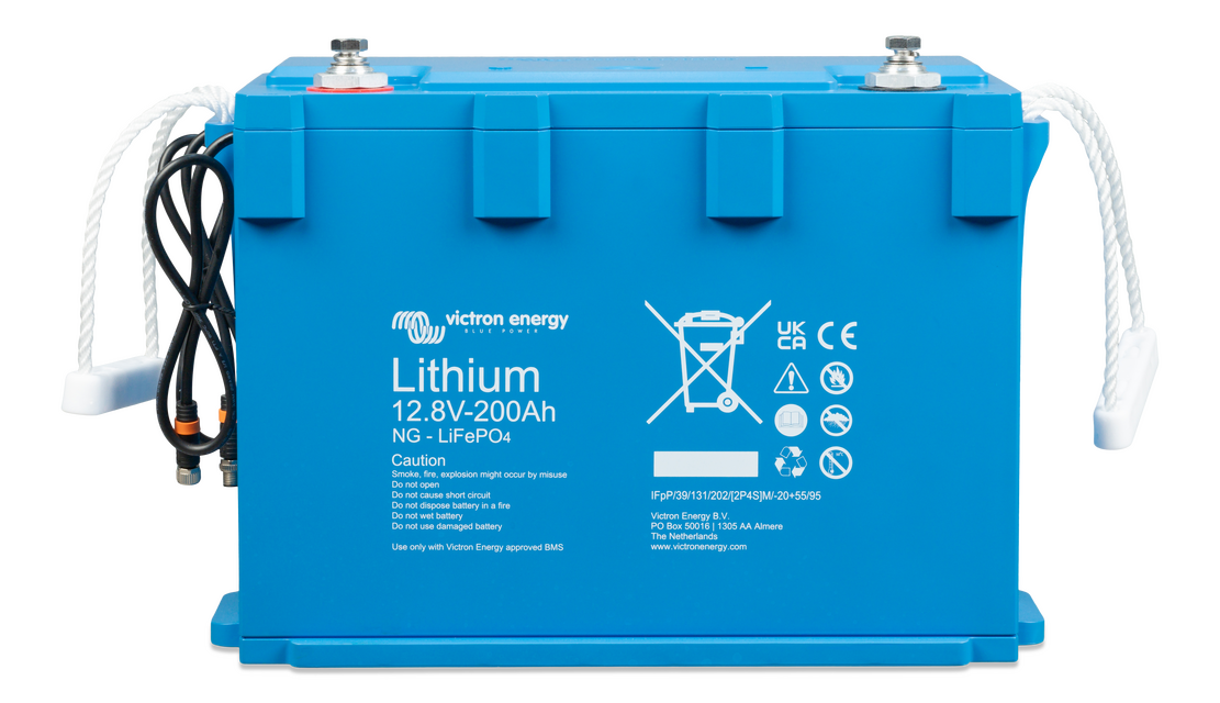 Blue Victron lithium battery 12.8V 200Ah with rope handles and M8 terminals