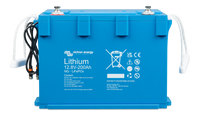 Blue Victron lithium battery 12.8V 200Ah with rope handles and M8 terminals