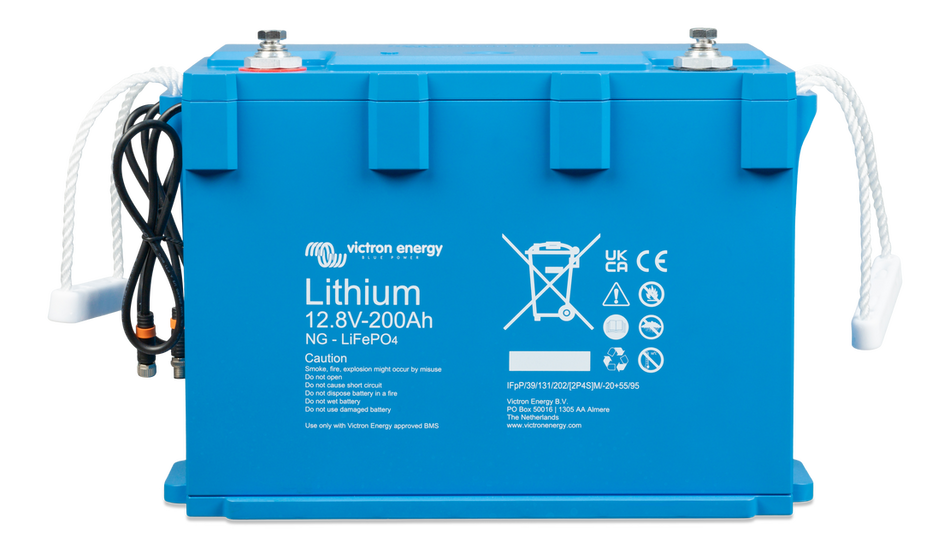 Blue Victron lithium battery 12.8V 200Ah with rope handles and M8 terminals