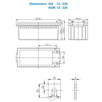 Technical dimensional drawing of the 220Ah AGM battery showing casing and terminal measurements