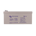 Front view of 12V 220Ah AGM deep cycle battery showing specifications and certifications