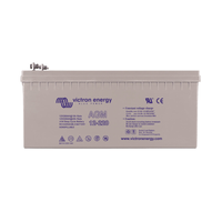 Front view of 12V 220Ah AGM deep cycle battery showing specifications and certifications