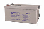 Angled view of Victron 12V 220Ah AGM battery with technical labels and M8 terminals