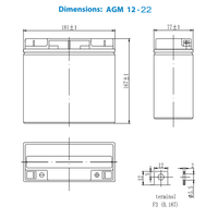 Technical drawing showing physical dimensions and terminal detail of the 12V 22Ah battery