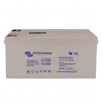 Victron 12V 240Ah AGM deep cycle battery showing copper terminals and technical specifications on grey casing