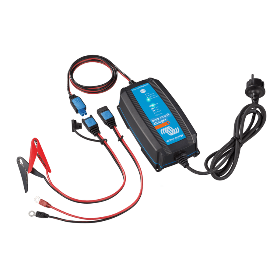 Victron 12V 25A battery charger with included battery clamps, M8 eyelet connectors and AU/NZ mains plug
