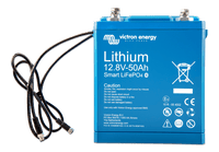 Front view of Victron 12.8V 50Ah lithium battery with M8 terminals and BMS connection cables