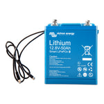 Front view of Victron 12.8V 50Ah lithium battery with M8 terminals and BMS connection cables
