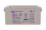 Front view of a grey Victron 12V 90Ah AGM deep cycle battery with specifications and safety icons
