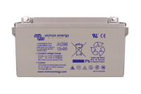 Front view of a grey Victron 12V 90Ah AGM deep cycle battery with specifications and safety icons