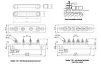 Dimensional drawings for 150A busbar showing 4 and 6 terminal versions and mounting details