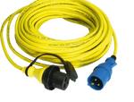 Coiled yellow 15m shore power cord with blue male plug and black female connector with dust cap