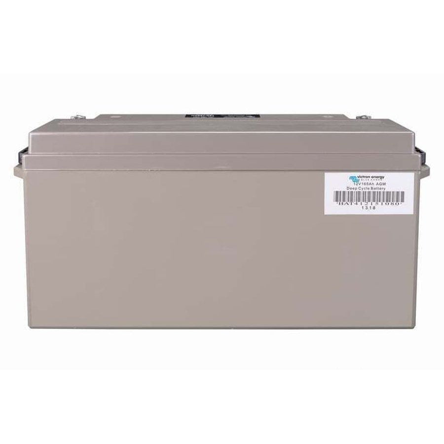 Rear view of Victron 12V 165Ah AGM battery showing grey casing and side barcode label