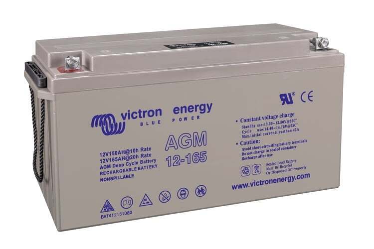 Side perspective of Victron 12V 165Ah AGM deep cycle battery highlighting the durable plastic housing