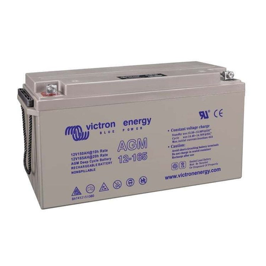 Side perspective of Victron 12V 165Ah AGM deep cycle battery highlighting the durable plastic housing