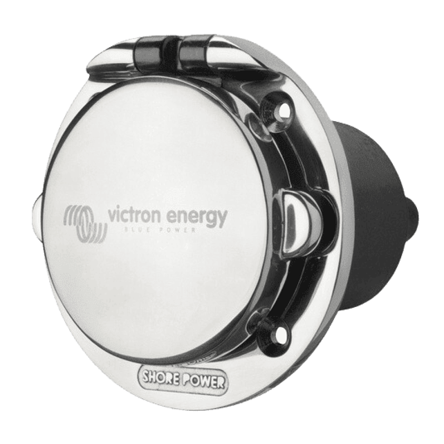 Victron 16A stainless steel shore power inlet with closed protective cover at an angle