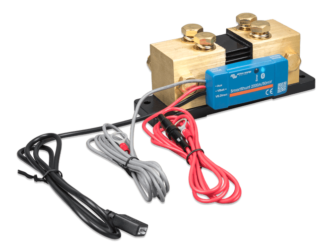 Angled view of the 2000A SmartShunt showing the black mounting base and brass terminal assembly