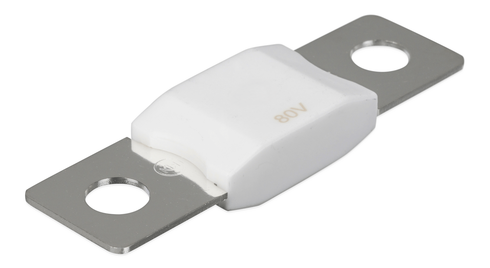 Perspective view of a Victron 200A 80V MEGA fuse with a white body and silver terminals