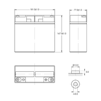 Technical diagram of the 20Ah SuperPack battery with metric dimensions and terminal details