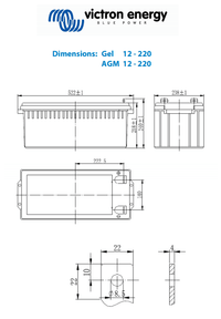 Dimensional technical drawing of the Victron 12V 220Ah battery showing top, side and front elevations
