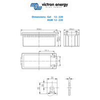 Dimensional technical drawing of the Victron 12V 220Ah battery showing top, side and front elevations