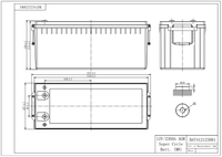Technical dimensional drawing of a 12V 230Ah battery showing side, top, and end views with metric measurements