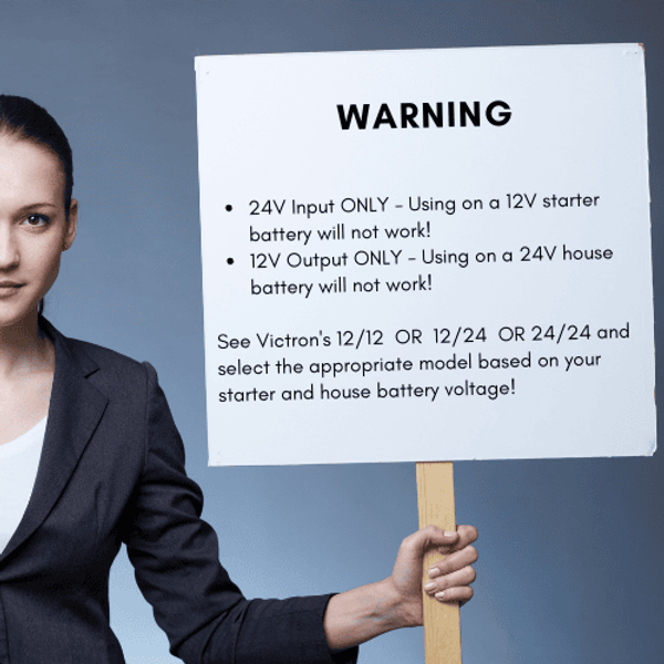 Warning graphic for Victron Orion-Tr Smart 24/12 charger specifying 24V input and 12V output only