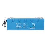 Front view of blue Victron 25.6V 100Ah Smart LiFePO4 lithium battery with M8 terminals and BMS cables