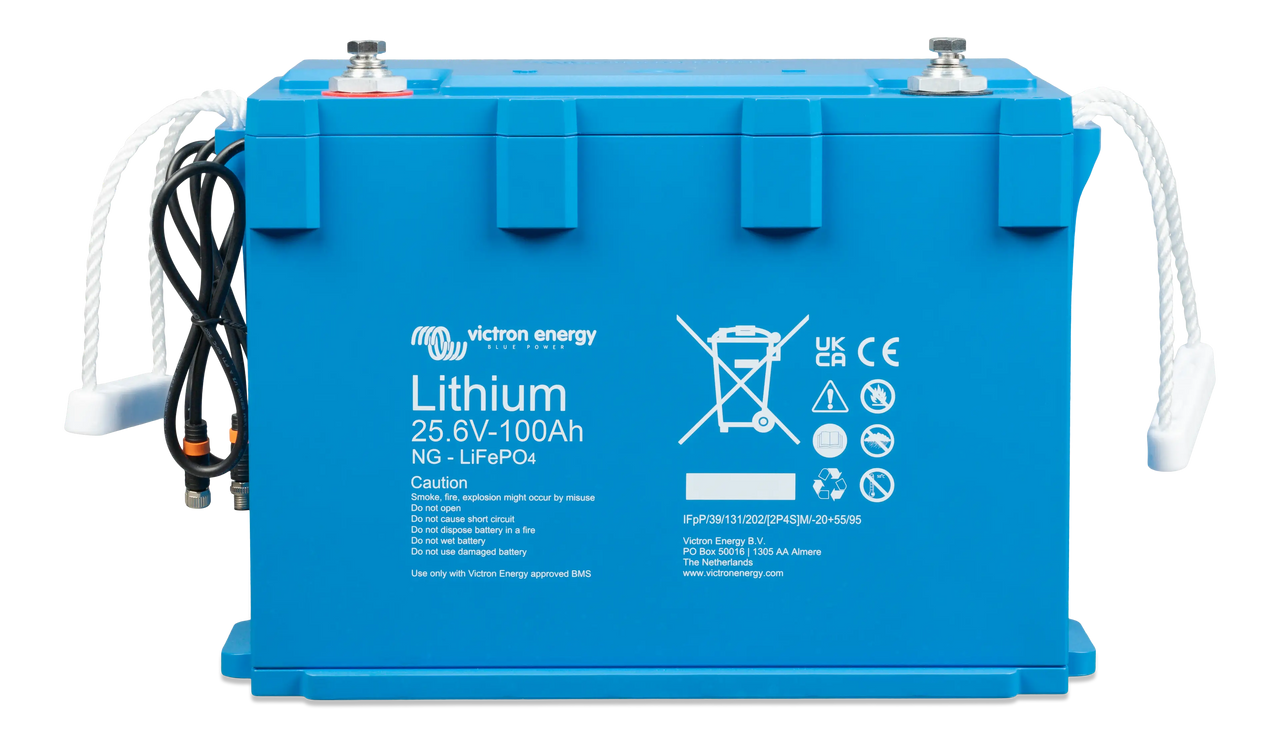 Victron 24V 100Ah Smart NG LiFePO4 lithium battery with BMS interface cables and rope handles