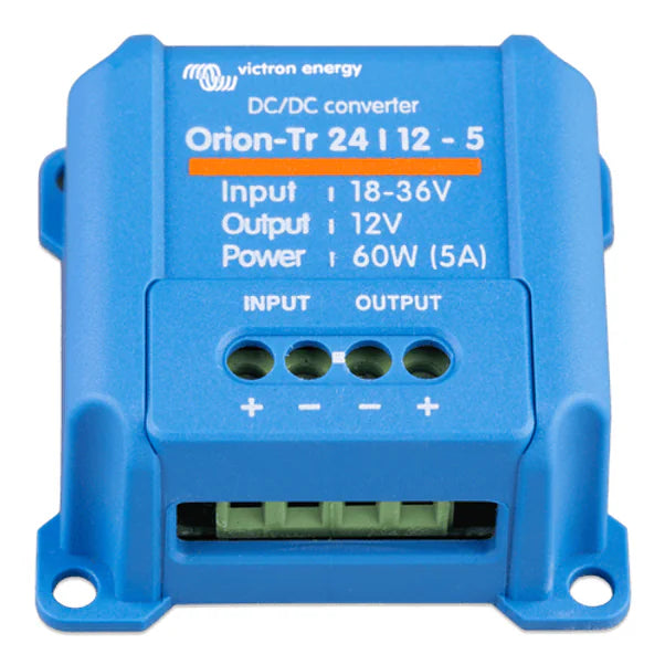 Angled view of 24V to 12V DC-DC converter showing terminal block connections