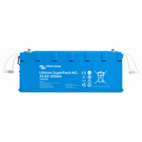 Blue Victron Lithium SuperPack NG 25.6V 200Ah battery with rope handles and top terminals