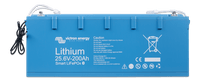 Front view of blue Victron 24V 200Ah Smart LiFePO4 battery with M8 terminals and BMS cables