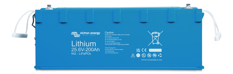 Victron 24V 200Ah Smart NG LiFePO4 battery in blue enclosure with front-facing specifications