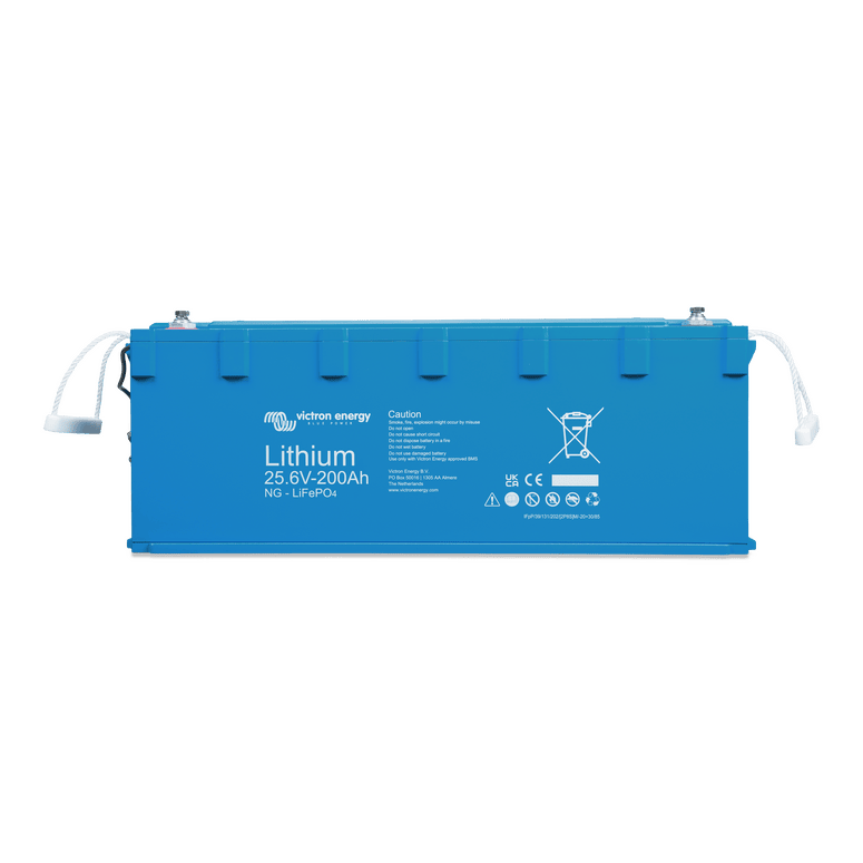 Victron 24V 200Ah Smart NG LiFePO4 battery in blue enclosure with front-facing specifications
