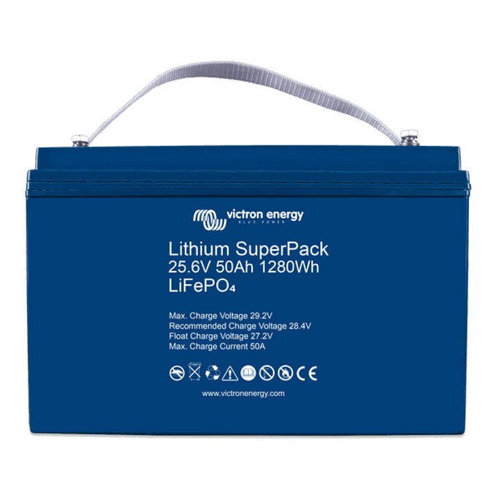 Front view of blue 24V 50Ah lithium battery with white carry strap