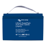 Front view of blue 24V 50Ah lithium battery with white carry strap