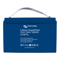 Front view of blue 24V 50Ah lithium battery with white carry strap