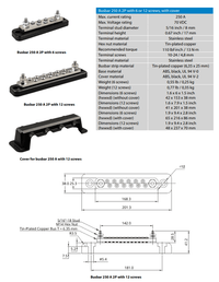 Technical dimensional drawing and specification table for 250A busbars