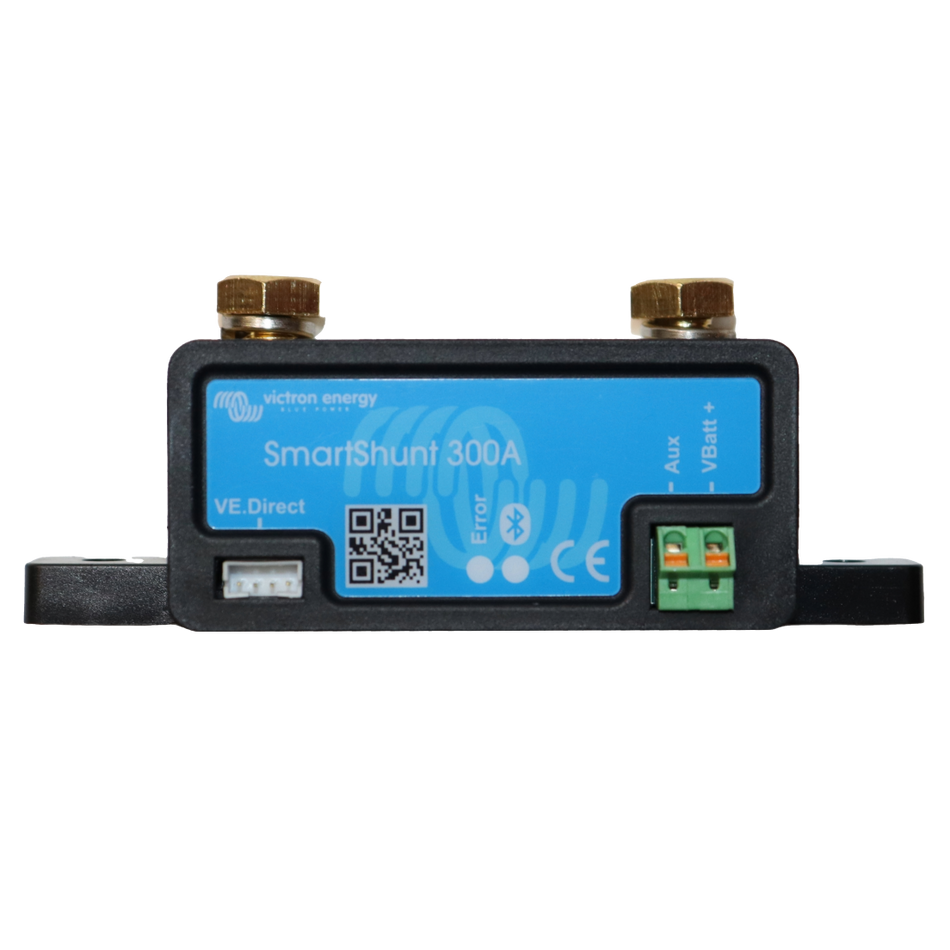 Front view of a Victron SmartShunt 300A battery monitor with interface ports and status labels