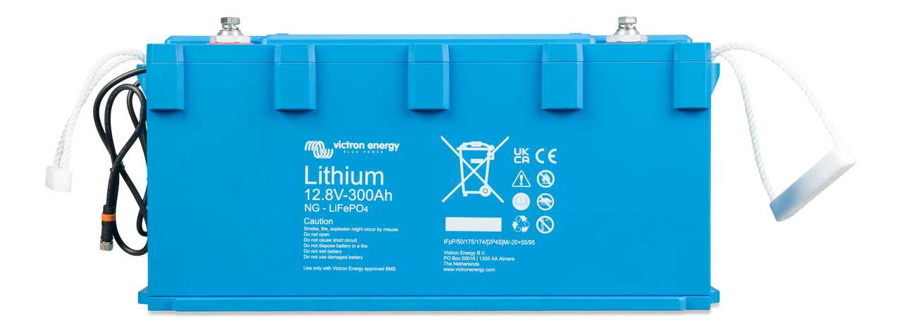 Front view of blue 300Ah lithium battery highlighting the IP65 enclosure
