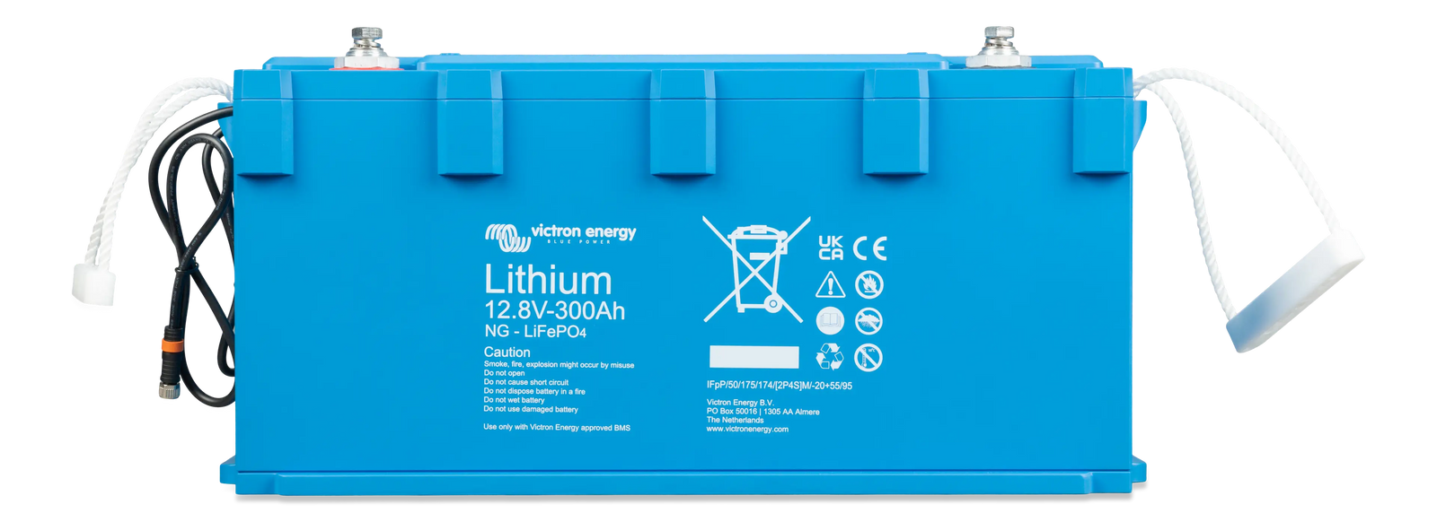 Front view of blue 300Ah lithium battery highlighting the IP65 enclosure