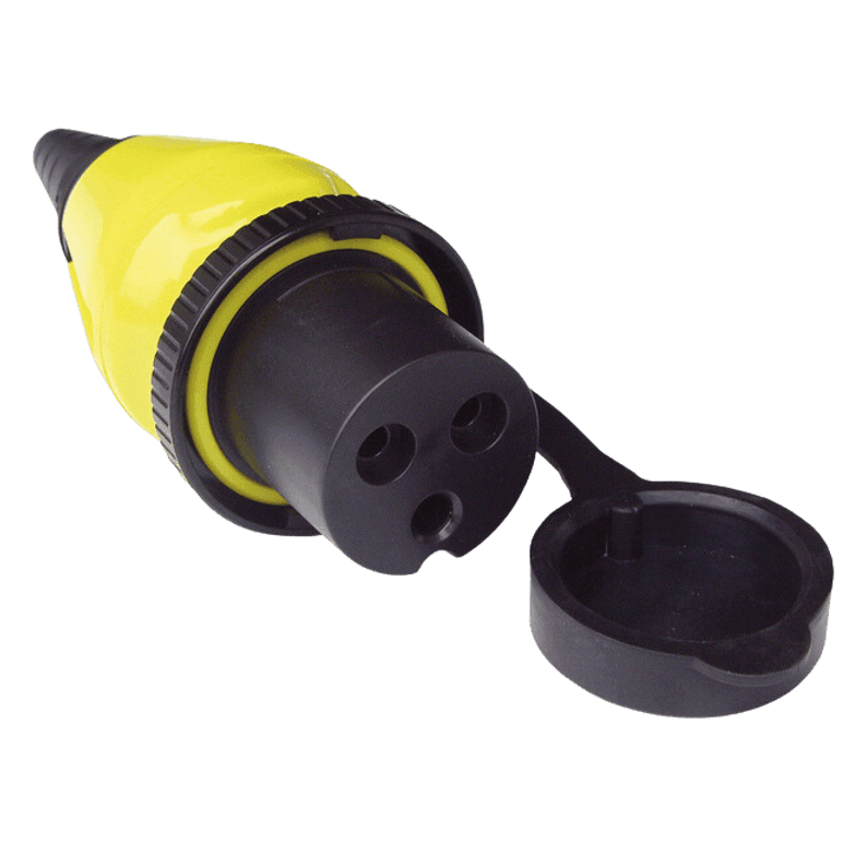 Yellow 32A 250V marine shore power plug with protective cap and locking ring