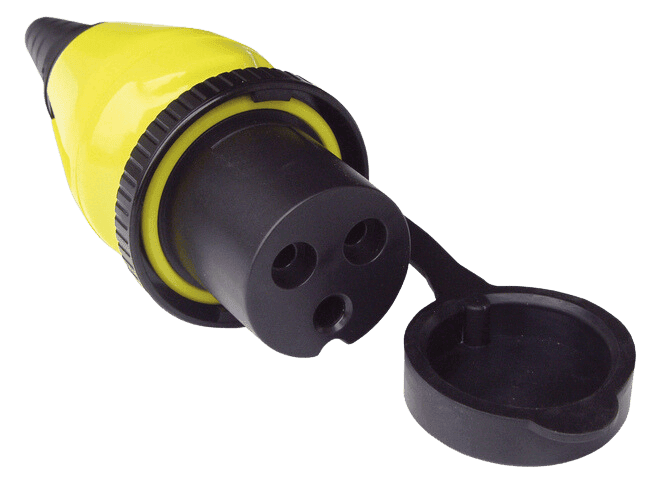 Yellow 32A 250V marine shore power plug with protective cap and locking ring